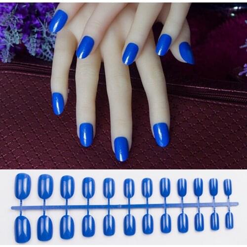 10 Sets/lot Of 24 pcs Short Round Shape False Nail With 1 pc Nail Adhesive 10 Sizes Full Cover Blue Color