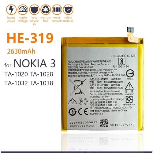100% Genuine HE319 Mobile Phone Battery For Nokia 3 2017 TA-1020 TA-1028 TA-1032 TA-1038 2630mAh New High Quality Batteries