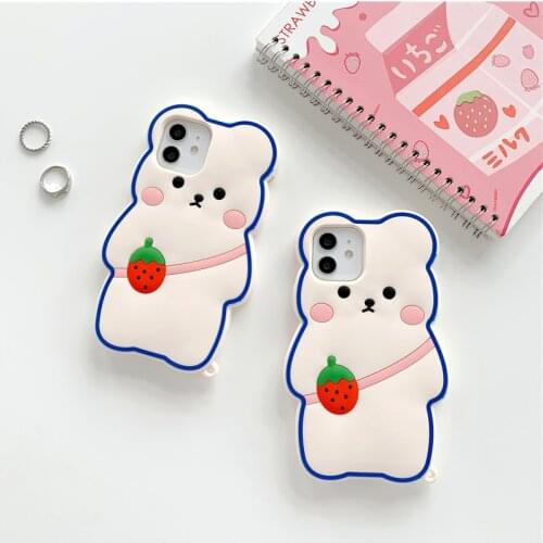 Kawaii Strawberry Bear Phone Case For iPhone 11 12 Pro Max Mini X XR XS Max 7 8 Plus SE 2020 Cartoon Bumper Soft Silicone Shell