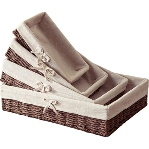 Rustic Wicker Fruit Bread Storage Basket Vintage Faux Rattan Woven Rectangular Bins Sweet Bowknot Desktop Organizer