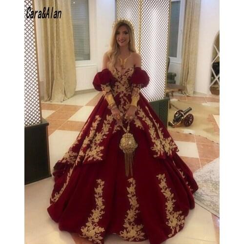 Elegant Traditional Kosovo Albanian Caftan Ball Gown Evening Dresses Off Shoulder Gold Applique Prom Dress Vestido De Novia