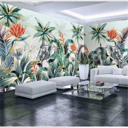 Wellyu Hand painted nordic tropical plants forest animals elephant coconut tree whole house background wallpaper