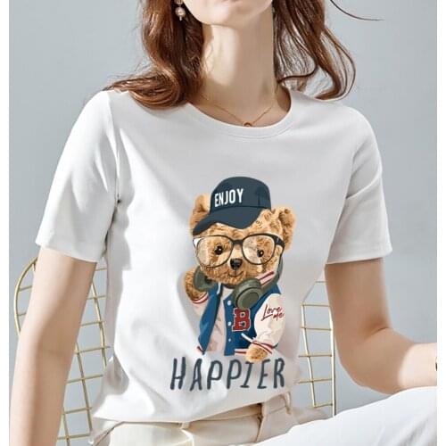 New Fashion Womens T-shirt Summer Cartoon Teddy Bear Print Pattern Series T-shirt White Trend Fashion Top Ladies Short Sleeves
