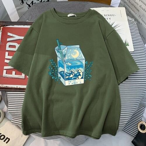 Milk Box Moonlight Waves Prints Tshirts Women Fashion Oversized Tee Retro Crewneck Tshirt Streetwear Oversized WomenS Tshirt