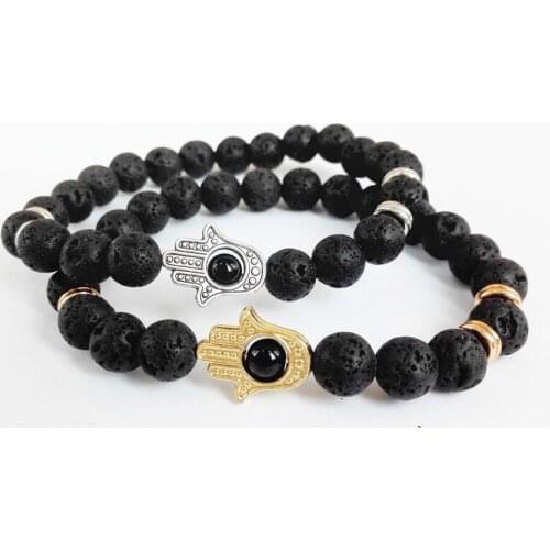 Hot Sale Jewelry Black Lava Energy Stone Beads Gold Color Hamsa Bracelets New Products Yoga Mala for Mens and Womens GIft