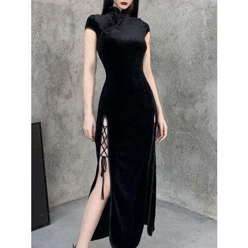 Goth Dark Romantic Gothic Velvet Aesthetic Dresses Vintage Women Black Bandage SlitHem Bodycon Dress Sexy Evening Wear Cheongsam