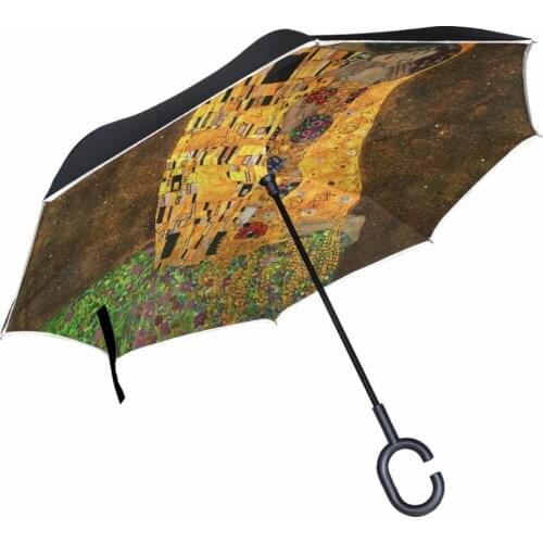 Gustav Klimt The Kiss Oil Painting Reverse Umbrella Straight Male and Female Sunny Umbrellas can Stand Long Handle Business Car