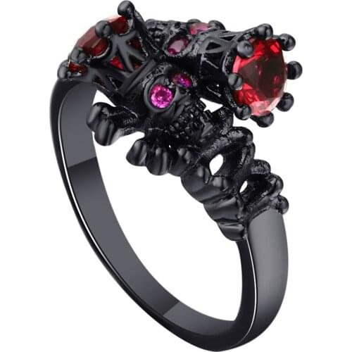 Hainon New Fashion Black Gold Color Ring Red CZ Crystal Punk Skull Crown Jewelry Wedding Engagement For Women Gift