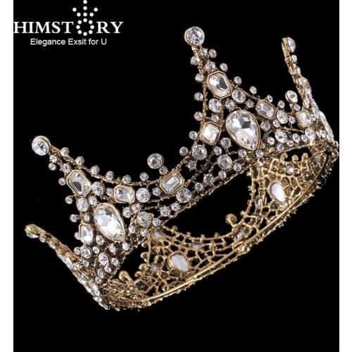 HIMSTORY Vintage Clear Rhinestone Beads Full Round Crown Wedding Hair Accessories Luxury Crystal Queen King Crowns Bridal Tiara