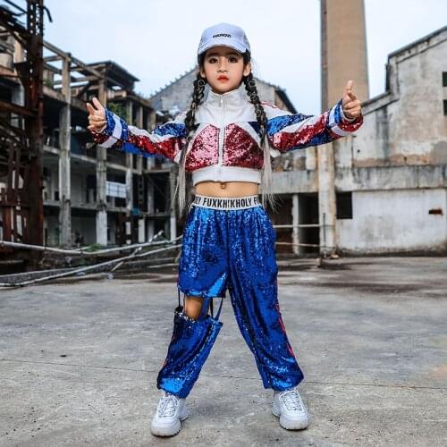 New Girls Hip Hop Jazz Dance Costumes Childrens Sequins Exposed Navel Loose Performance Show Clothes Childrens Clothes