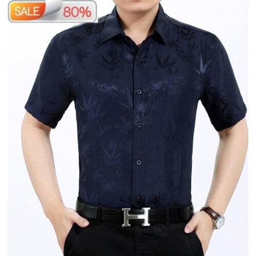 Summer 100% Silk Men Short Sleeve White Shirt Loose Mens Dress Shirts High Quality Formal Camisa Masculina B21946