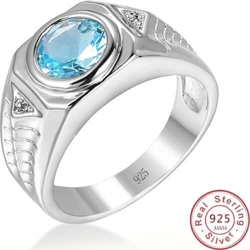 Men Aquamarine Gemstones Blue Zircon Rings for Men Vintage Luxury 925 Sterling Silver Wedding Jewelry Bijoux Bague for Gifts