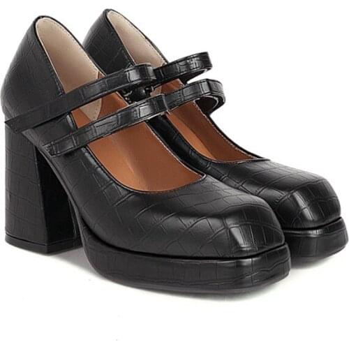 Chunky High Heel Fashion Square Toe Mary Jane Platform Women Ankle Strap Pumps Woman Patent Leather Shoes Plus Size 32-48 1498