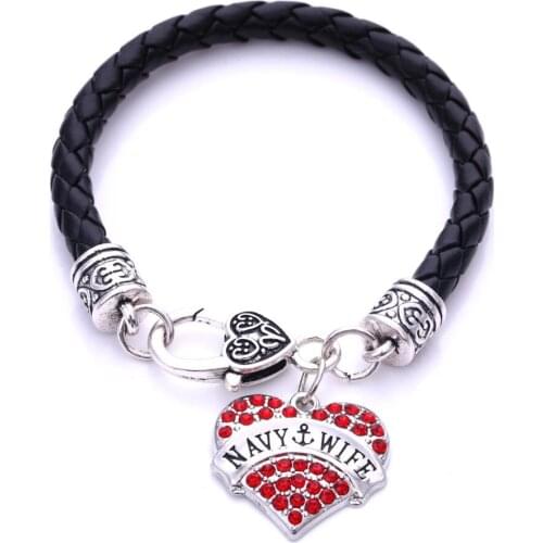 New Arrival Hot Selling rhodium plated with sparkling crystals NAVY-WIFE heart pendant bracelet rope chain