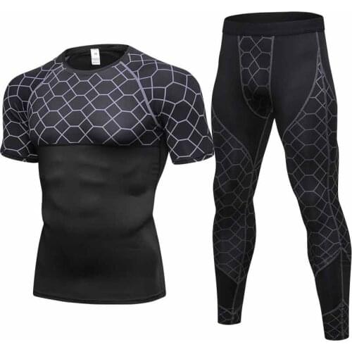 New Quick Dry Fitness Tight Joggers Running Set Male Basketball Soccer Gym Training Tracksuit Men Sport Suits Net Pattern Design