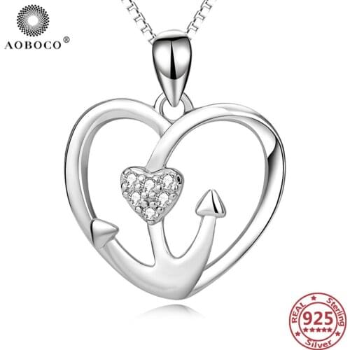 AOBOCO 925 Sterling Silver Heart Anchor Pendant Necklaces Crystal Zircon Necklace Mothers Day Gift Valentines Day Gift Jewelry