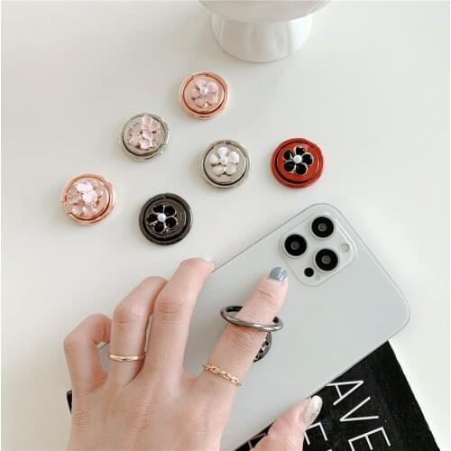 Luxury Pearl Jewelled Flower Metal Finger Ring Mobile Phone Smartphone Round Grip Stand Holder For iPhone Samsung Women Floral