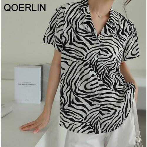 QOERLIN Zebra Print Shirt Womens Chic Short Sleeve Loose Slim Top Female Summer Basic Tops Single Breasted V Neck Blouse Korean
