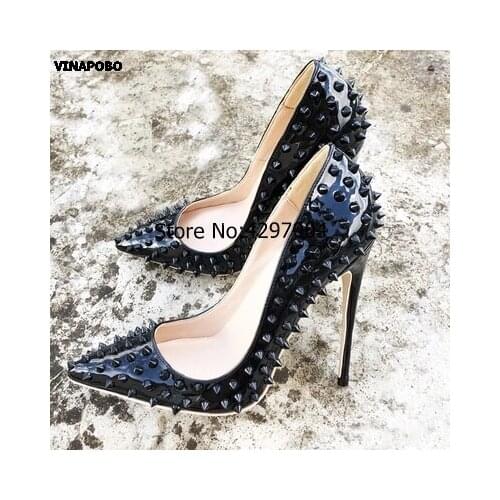 Vinapobo Latest Studded Black Patent Leather Pumps Ladies Stilettos high heels Spikes Pointy Toe party Wedding Shoes For Women