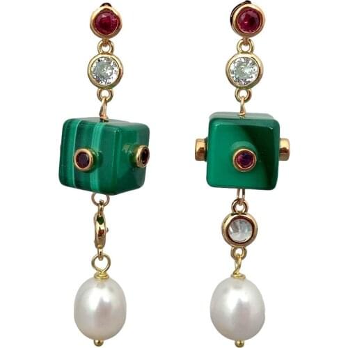 Y·YING Natural Green Malachite Cube Cz Pave Chain Cultured White Rice Pearl Stud Earrings