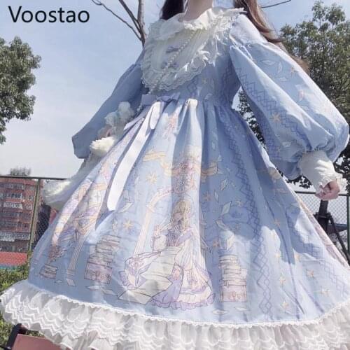Japanese Spring Summer sweet Lolita Dress Women Kawaii Victorian Tea Party Long Sleeves Lace Gothic Girls Lolita Dresses Cosplay