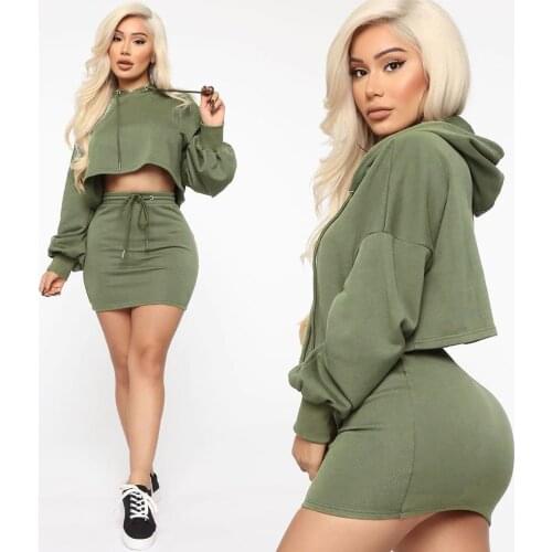 Sexy Hooded Skirt Sets Women Drawstring Two Piece Outfit Long Sleeve Crop Top and Mini Skirts Summer Spring Clothes Streetwear