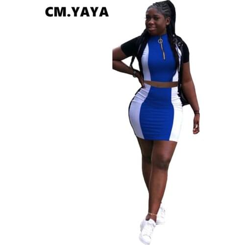 CM.YAYA Women Set Patchwork Short Sleeve Zip Crop Tops Strechy Mini Skirt 2 Piece Sets Active Tracksuit Sweatsuit Summer Outfit