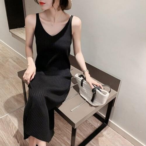 Womens Sling Long Dress Sleeveless Knitted V-Neck Maxi Dresses for Women