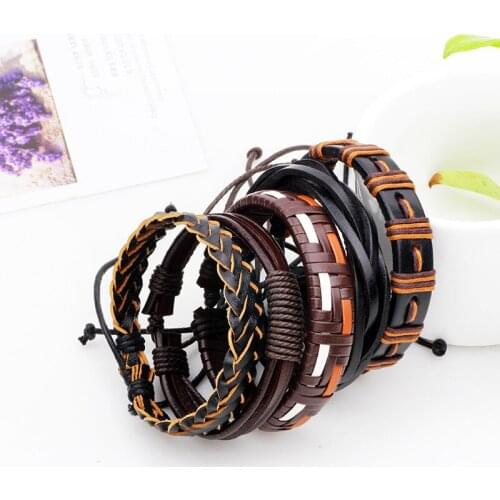 5pcs/set Boho Gypsy Hippie Punk Handmade Black Brown Real Leather Cord Wrap Knot Layers Stacked Adjustable Bracelets Set for Man