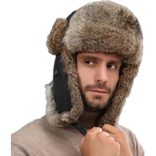 Men Real Rabbit Fur Bomber Hats Women Winter Warm Ushanka Russian Snow Hat with Earmuffs Trapper Cap Earflap
