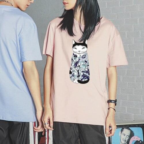 Japanese Vintage Floral Pattern Cat Printed T Shirts Summer Hip Hop Streetwear Short Sleeve Art Tee Harajuku T-Shirt Women Men