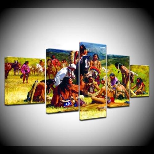 Canvas Painting Howard Terpning - Council of Chiefs 5 Pieces Wall Art Painting Modular Wallpapers Poster Print Home Decor