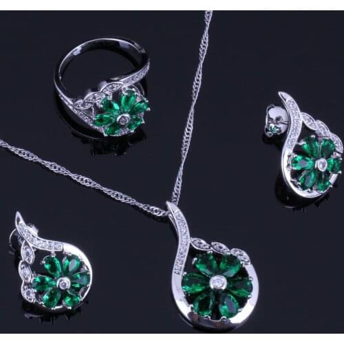 Flower Green Cubic Zirconia White CZ Silver Plated Jewelry Sets Earrings Pendant Chain Ring V0322
