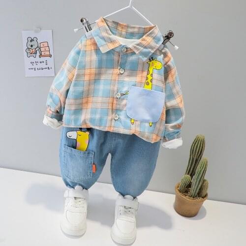 2021 New Kid Boy Clothes Set 1 2 3 4 Years Plaid Shirt and Jeans Pants Children Outfit