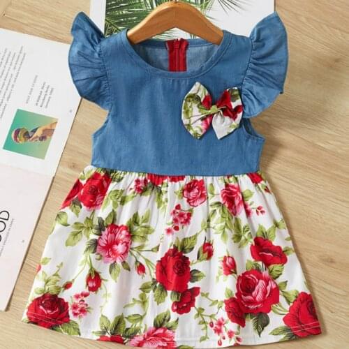 Baby Girls Dress 2020 Summer Cotton New Girl Flying Sleeve Denim Bow Tie Stitching Dress Cotton Lace Childrens Princess Dress