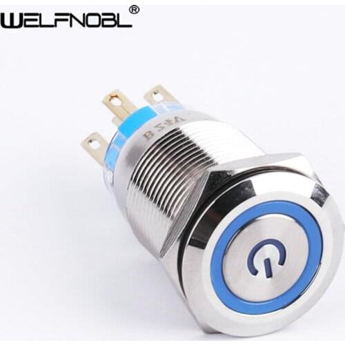 Waterproof 1NO1NC 19mm Metal Blue LED Ring Light Power Logo Latching Momentary Push Button Switch