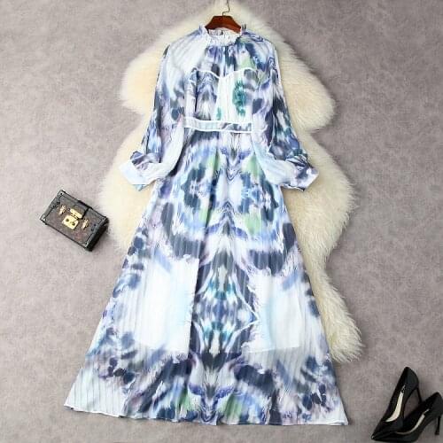 European and American womens wear for summer 2021 Long sleeve lantern sleeve abstract print Fashion pleated dress