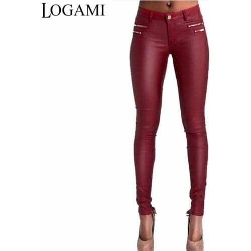 LOGAMI Faux Leather Pants Women Skinny Low Waist Slim Pu Leather Trousers Wine Red Pantalon En Cuir Femmes