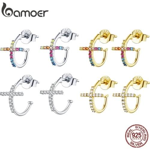 Bamoer Sterling Silver 925 Hoop Earrings for Women Half Hoops Cross Silver Jewelry Brincos Wedding Fine Jewelry