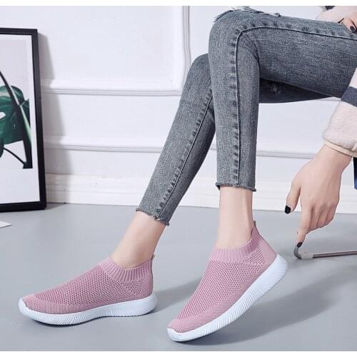 KUEARYT breathable air mesh spring 2020 flat heels sneakers women casual slip on stretch knitted sock platform shoes woman flats