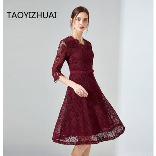 TAOYIZHUAI vintage style midi women lace dress A line v neck wine red color flare half sleeves plus size luxury elegant dress