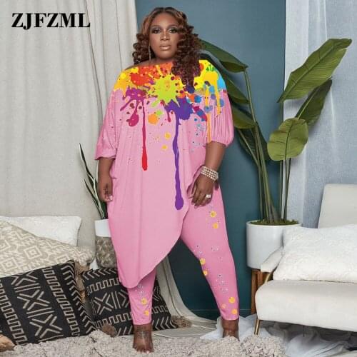 ZJFZML ZZ Women Clothing 2 Piece Set Plus Size Splash Ink Print One Shoulder Irregular Top+skinny Pant Dropshipping Wholesale