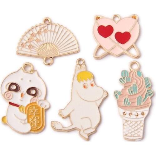 10pcs/lot Gold Color Tone Charm Pendants Alloy Metal Lucky Cat Potted Plants Unicorn Enamel Charms For DIY Jewelry Making