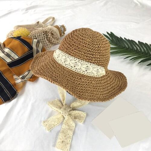 2021 Straw Woven Foldable Female Summer Sunscreen Fisherman Hat Tether Handmade Crochet Hat Beach Vacation Sunshade Hat