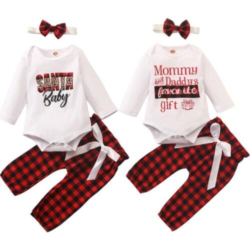 3 Pcs Baby Christmas Cotton Suit Round Neck Long Sleeve Letter Print Romper Plaid Loose Trousers Bow Headband Xmas Paty Clothes
