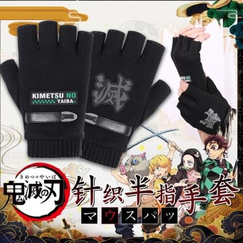 Anime Demon Slayer Kimetsu No Yaiba Tanjiro Kamado Cosplay Costume Accessories Black Winter Warm Gloves Handwear For Women CS016