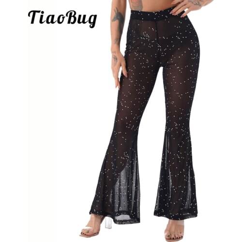 Shiny Wide Leg Trousers Women High Waist See-through Flared Pants Fashion Clubwear Stage Performance Trousers