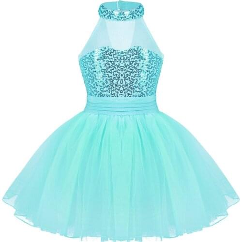 Kids Girls Ballet Dress Sleeveless Mesh Splice Sequins Ballerina Dance Costume Gymnastics Leotard Stage Performance Dancewear