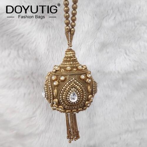 DOYUTIG Womens Indian Style Hand-Made Metal Clutches Antique Gold Diamond Wedding Bucket Lady Vintage Evening Handbag J005