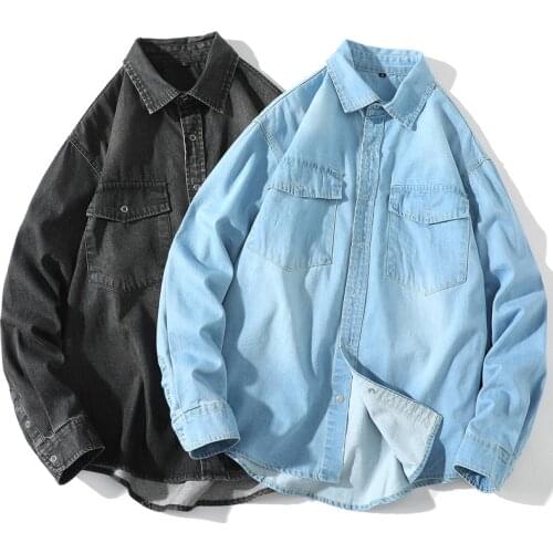 Spring Autumn Youth Denim Shirt Men Section Long-sleeved Loose Single Row Snap Fashion Office Casual Streetwear Cargo Jeans Coat